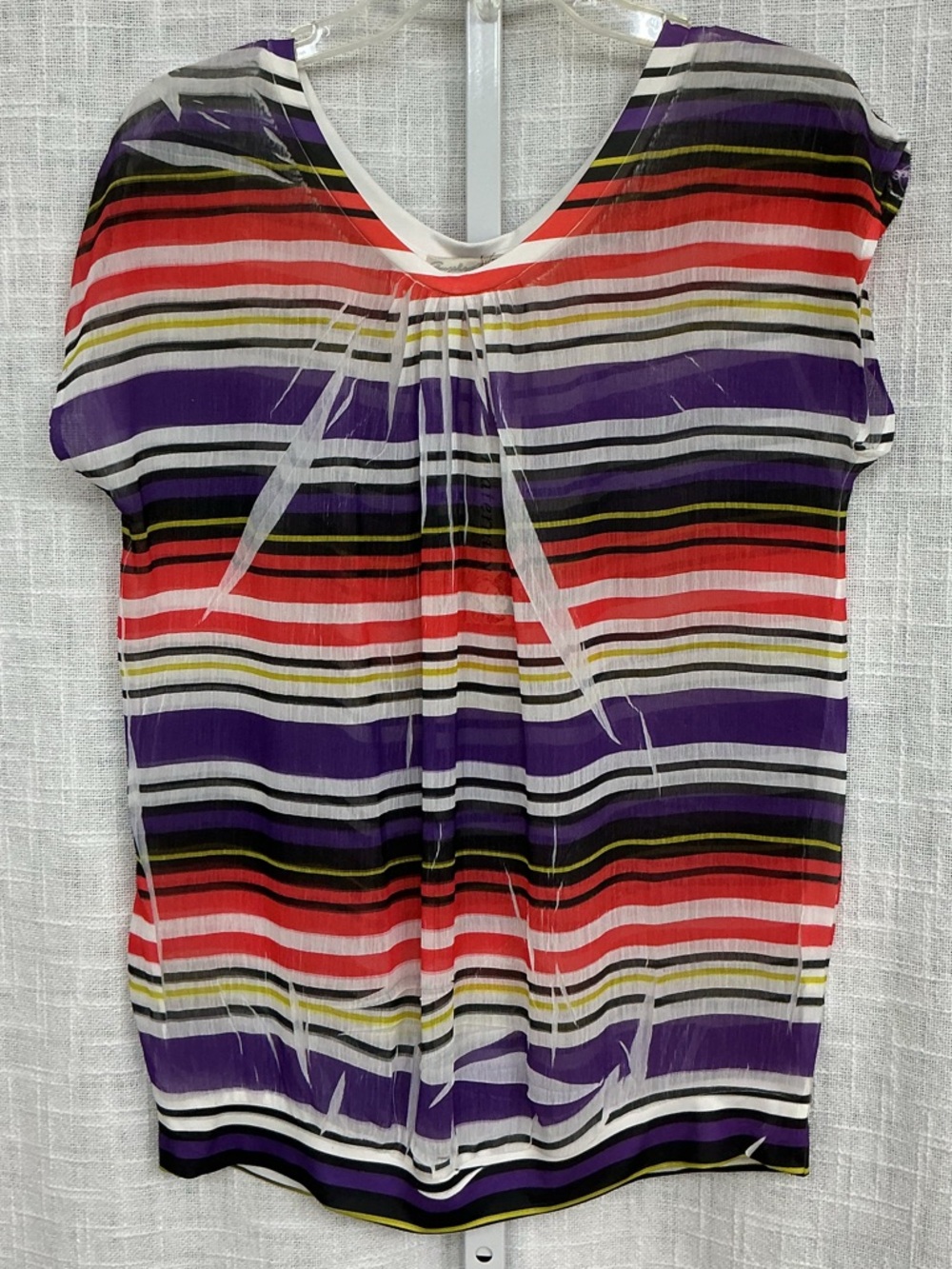 Women's Striped V-Neck Short Sleeve Blouse in Purple, Red & White